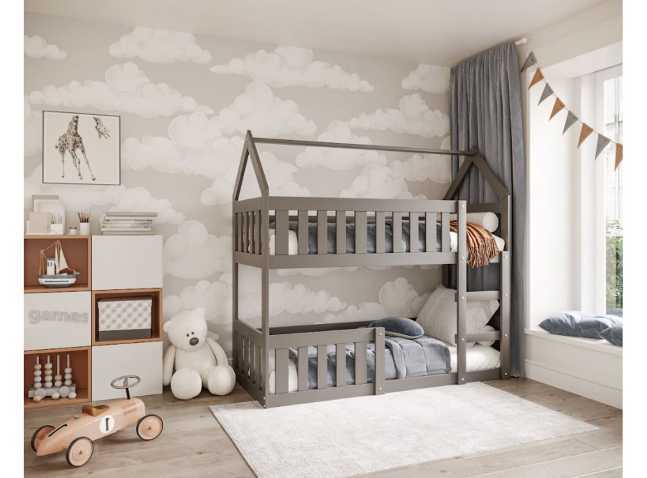 Dětská patrová domečková postel z masivu borovice MINI s Montessori lůžkem - 160x80 cm - šedá