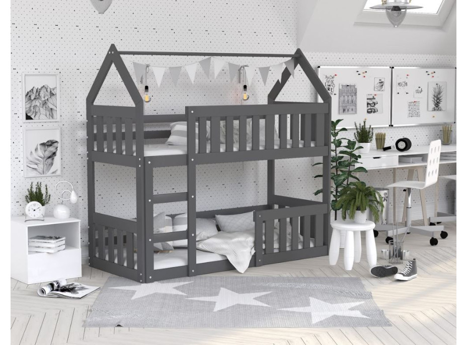 Dětská patrová domečková postel z masivu borovice MINI s Montessori lůžkem - 160x80 cm - šedá