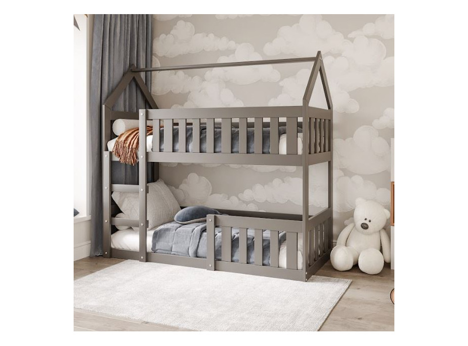 Dětská patrová domečková postel z masivu borovice MINI s Montessori lůžkem - 160x80 cm - šedá