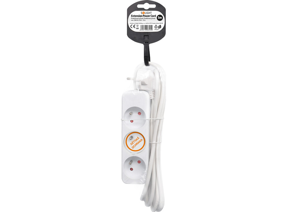 Solight prodlužovací přívod 5m, 3 zásuvky, 16A/3680W, PVC, bílý