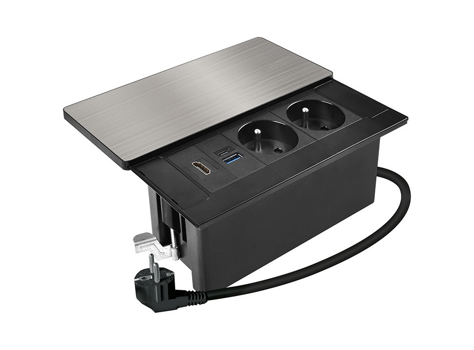 Solight vestavný blok zásuvek s posuvným krytem, 2 zásuvky, HDMI, USB A+C 20W PD, 2m, stříbrný