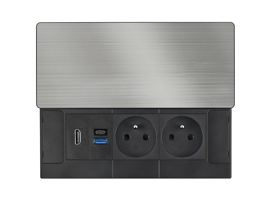 Solight vestavný blok zásuvek s posuvným krytem, 2 zásuvky, HDMI, USB A+C 20W PD, 2m, stříbrný
