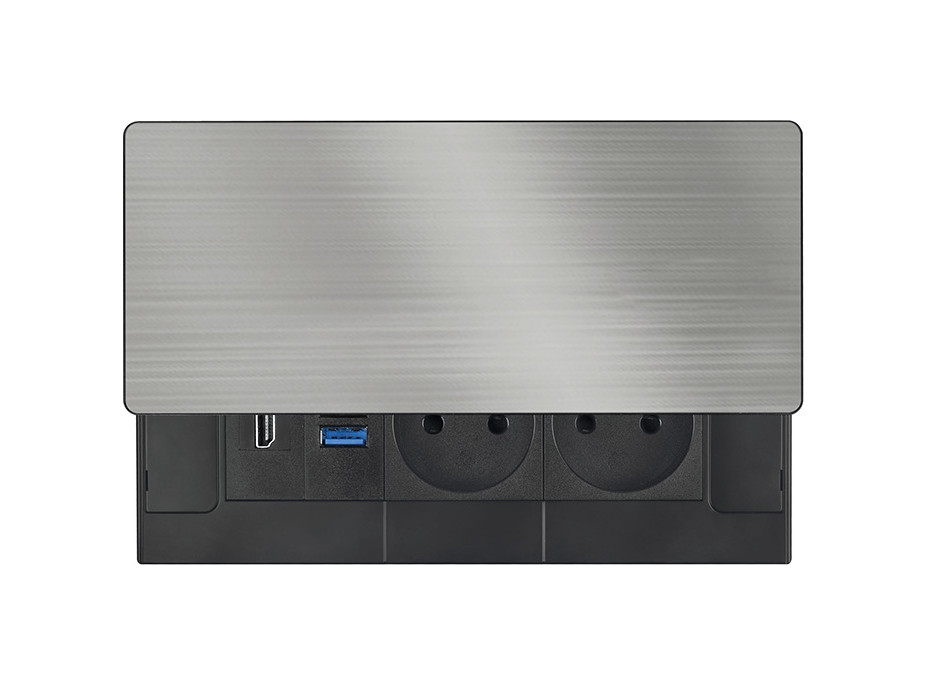 Solight vestavný blok zásuvek s posuvným krytem, 2 zásuvky, HDMI, USB A+C 20W PD, 2m, stříbrný