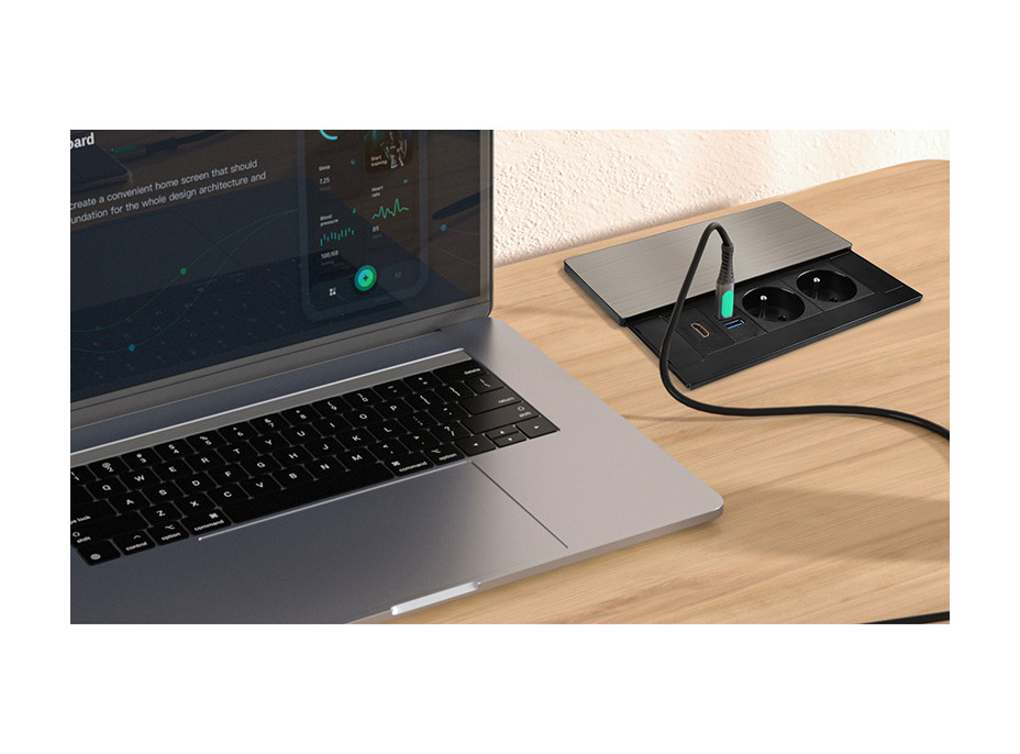 Solight vestavný blok zásuvek s posuvným krytem, 2 zásuvky, HDMI, USB A+C 20W PD, 2m, stříbrný