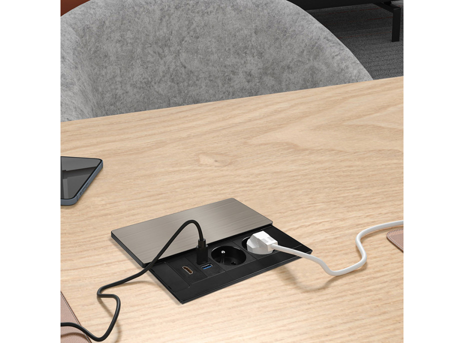 Solight vestavný blok zásuvek s posuvným krytem, 2 zásuvky, HDMI, USB A+C 20W PD, 2m, stříbrný