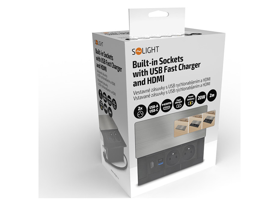 Solight vestavný blok zásuvek s posuvným krytem, 2 zásuvky, HDMI, USB A+C 20W PD, 2m, stříbrný