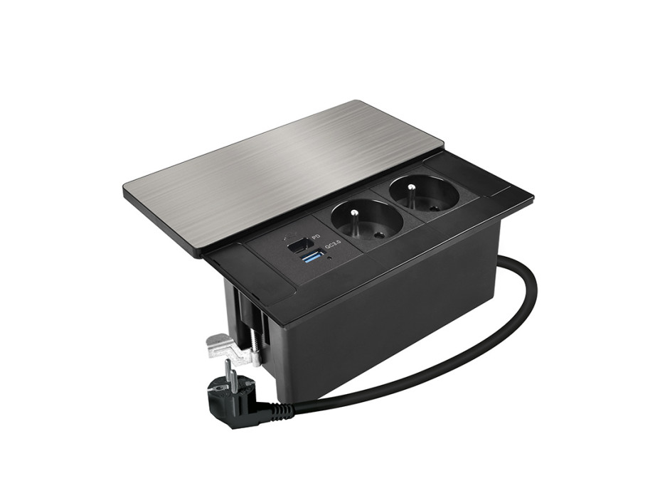 Solight vestavný blok zásuvek s posuvným krytem, 2 zásuvky, USB A+C 20W PD, 2m, stříbrný
