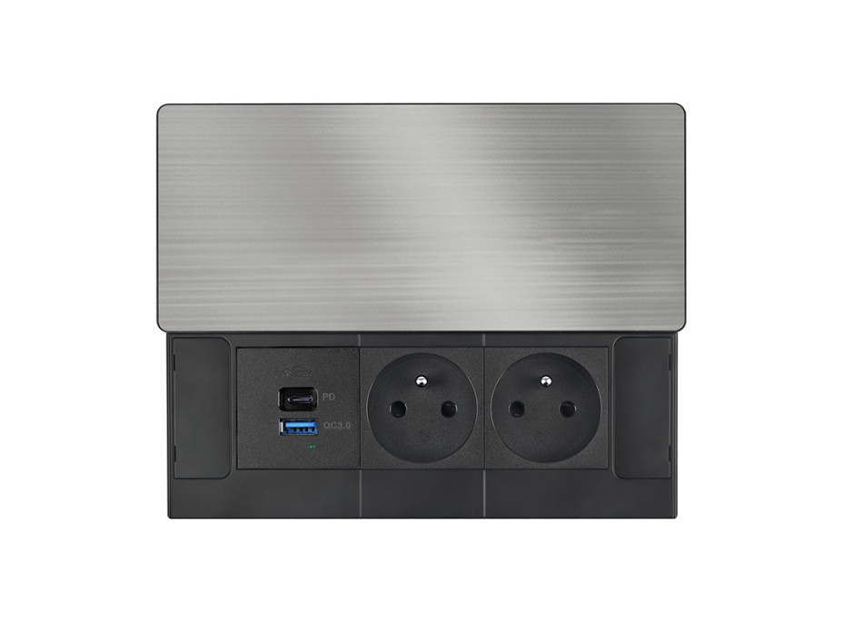 Solight vestavný blok zásuvek s posuvným krytem, 2 zásuvky, USB A+C 20W PD, 2m, stříbrný