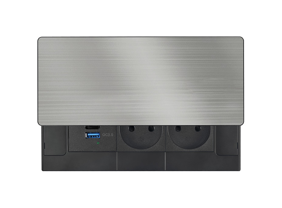 Solight vestavný blok zásuvek s posuvným krytem, 2 zásuvky, USB A+C 20W PD, 2m, stříbrný