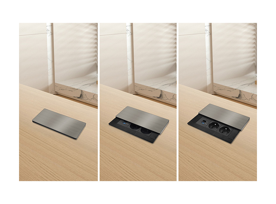 Solight vestavný blok zásuvek s posuvným krytem, 2 zásuvky, USB A+C 20W PD, 2m, stříbrný
