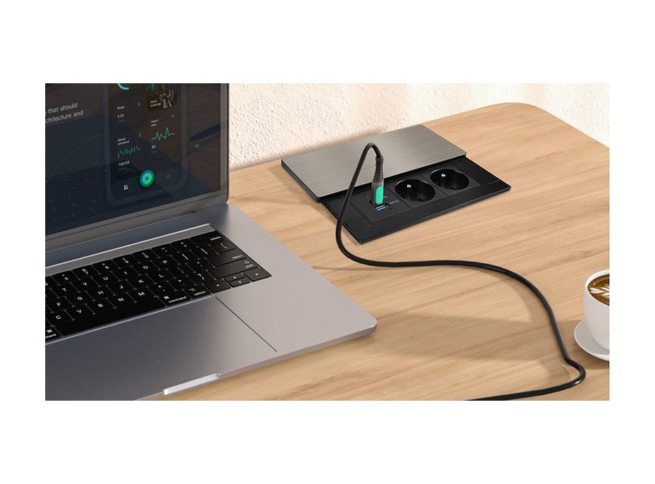Solight vestavný blok zásuvek s posuvným krytem, 2 zásuvky, USB A+C 20W PD, 2m, stříbrný