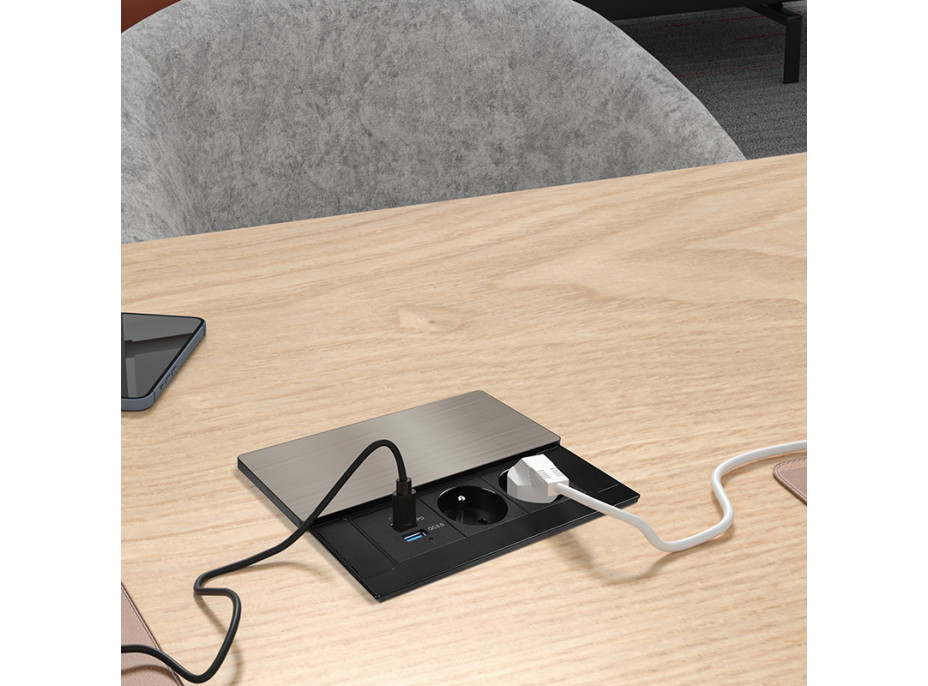 Solight vestavný blok zásuvek s posuvným krytem, 2 zásuvky, USB A+C 20W PD, 2m, stříbrný