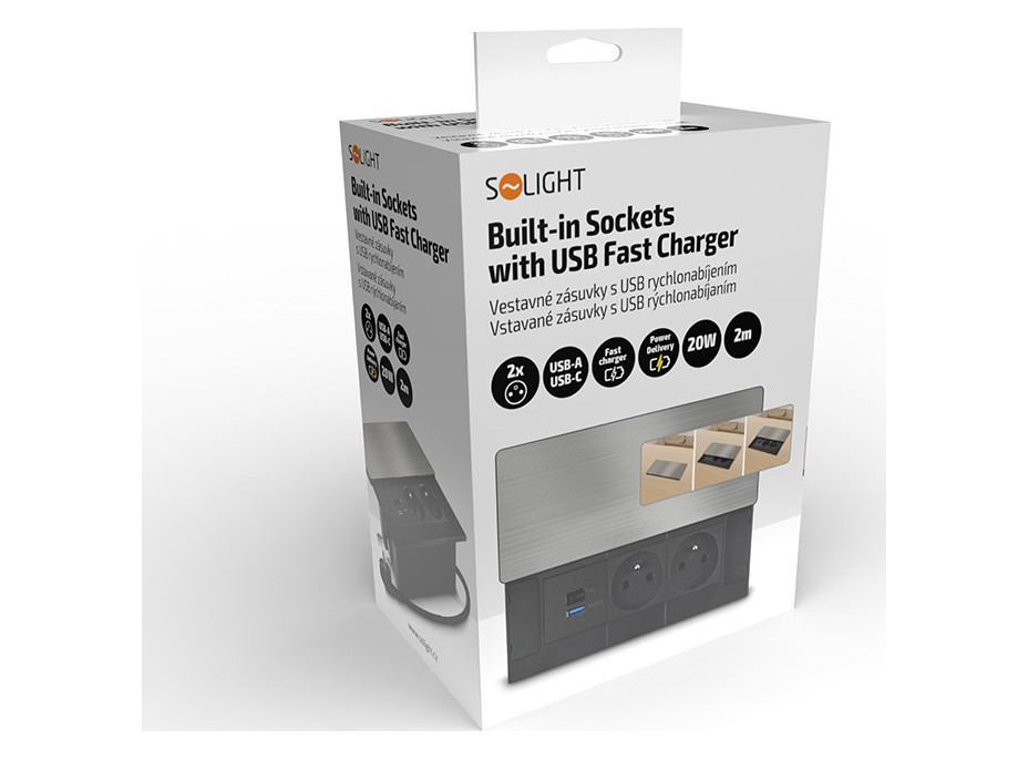 Solight vestavný blok zásuvek s posuvným krytem, 2 zásuvky, USB A+C 20W PD, 2m, stříbrný