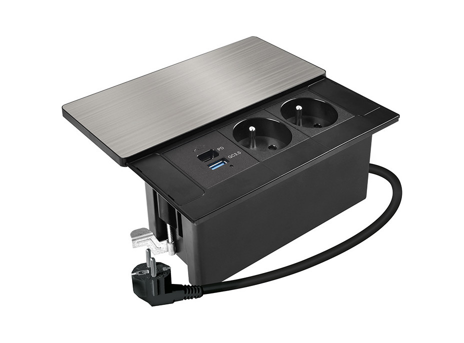 Solight vestavný blok zásuvek s posuvným krytem, 2 zásuvky, USB A+C 65W PD, 2m, stříbrný