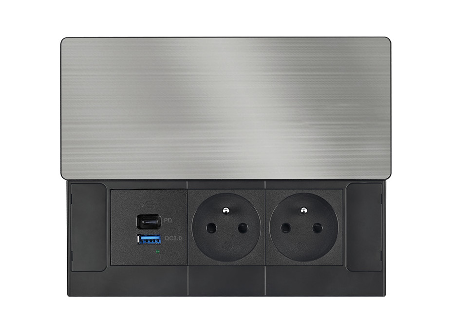 Solight vestavný blok zásuvek s posuvným krytem, 2 zásuvky, USB A+C 65W PD, 2m, stříbrný