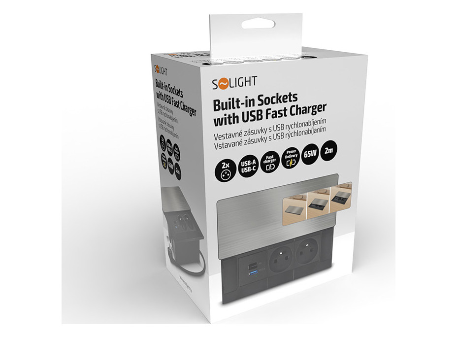 Solight vestavný blok zásuvek s posuvným krytem, 2 zásuvky, USB A+C 65W PD, 2m, stříbrný