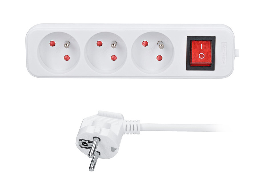 Solight prodlužovací přívod 3m, 3 zásuvky, vypínač, 16A/3680W, PVC, bílý