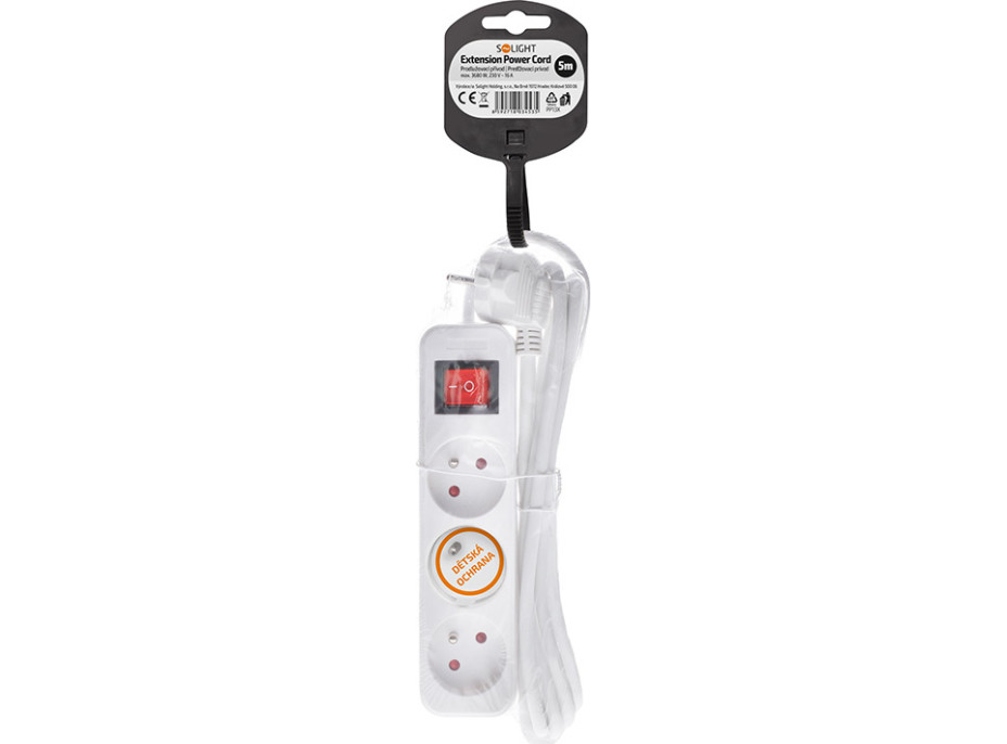 Solight prodlužovací přívod 3m, 3 zásuvky, vypínač, 16A/3680W, PVC, bílý