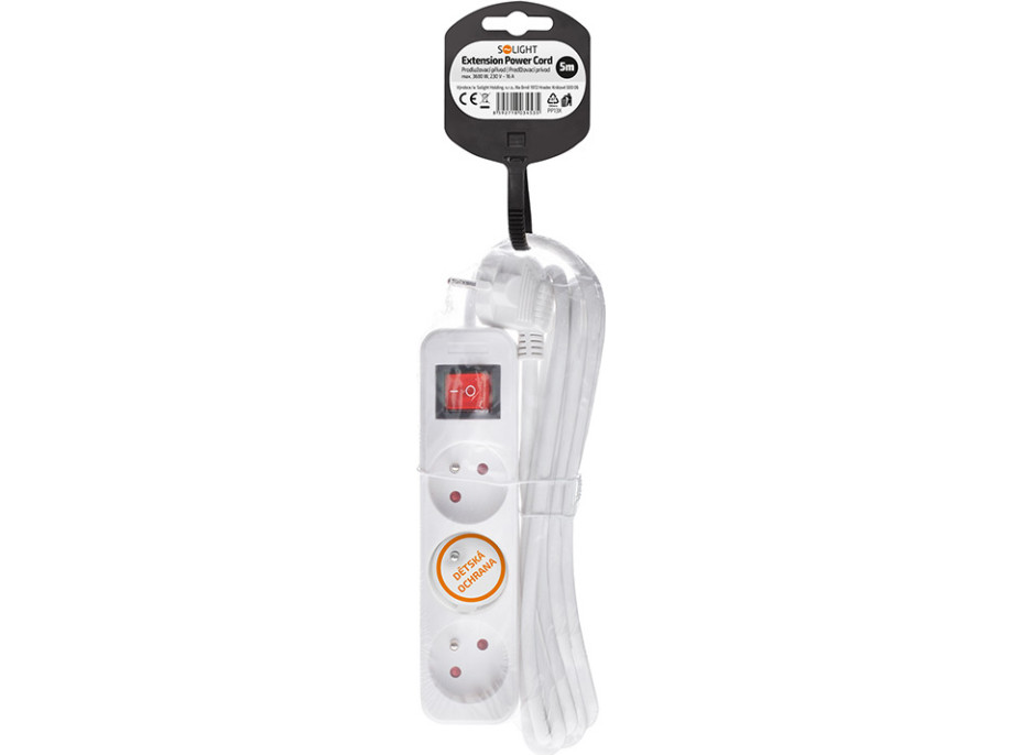 Solight prodlužovací přívod 5m, 3 zásuvky, vypínač, 16A/3680W, PVC, bílý