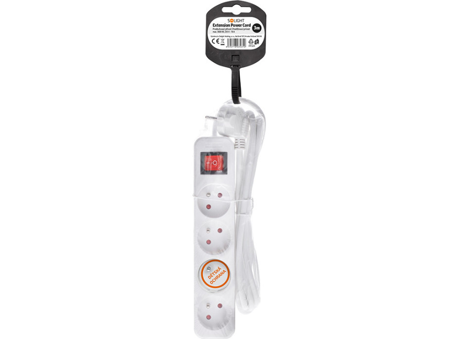 Solight prodlužovací přívod 3m, 4 zásuvky, vypínač, 16A/3680W, PVC, bílý