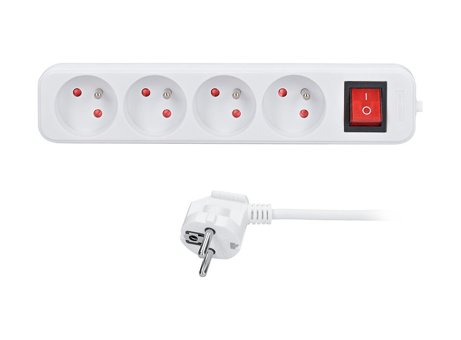 Solight prodlužovací přívod 5m, 4 zásuvky, vypínač, 16A/3680W, PVC, bílý
