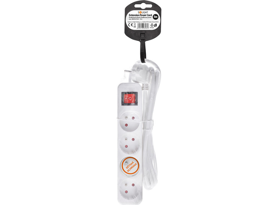 Solight prodlužovací přívod 5m, 4 zásuvky, vypínač, 16A/3680W, PVC, bílý