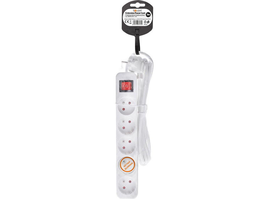 Solight prodlužovací přívod 3m, 5 zásuvek, vypínač, 16A/3680W, PVC, bílý