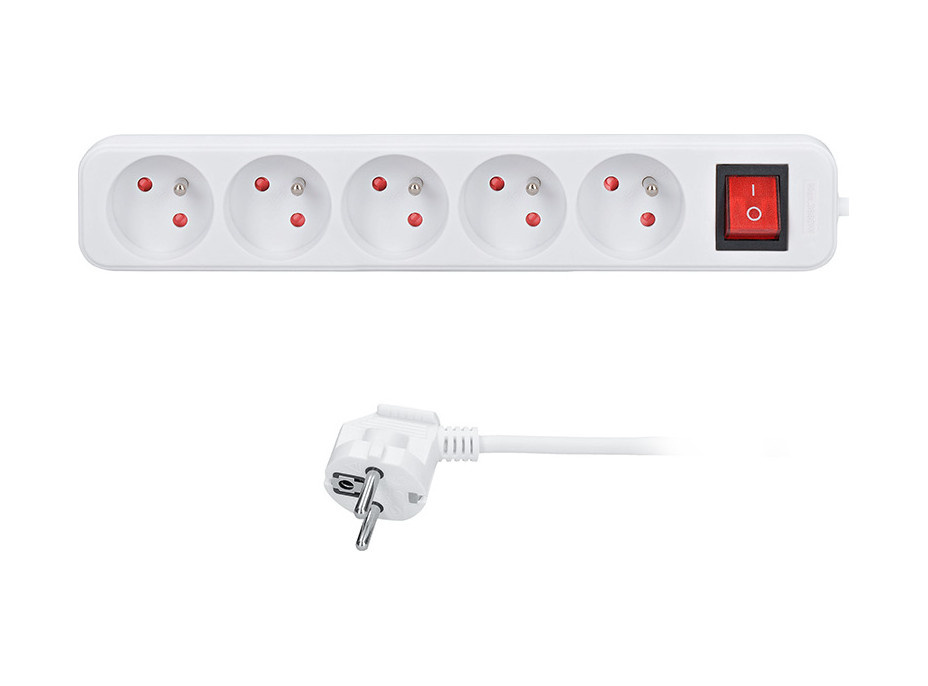 Solight prodlužovací přívod 5m, 5 zásuvek, vypínač, 16A/3680W, PVC, bílý