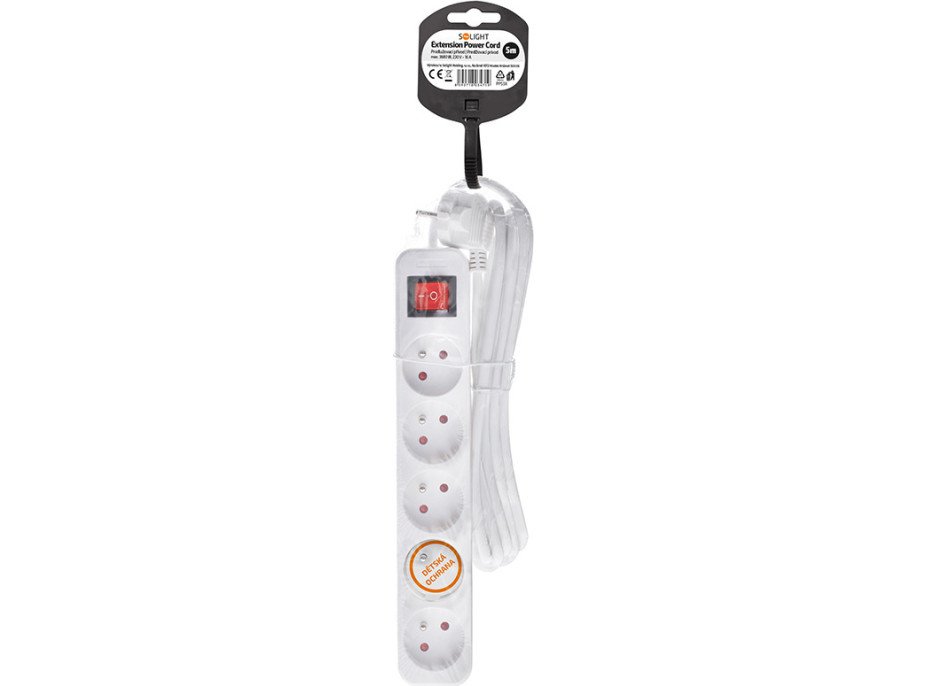 Solight prodlužovací přívod 5m, 5 zásuvek, vypínač, 16A/3680W, PVC, bílý