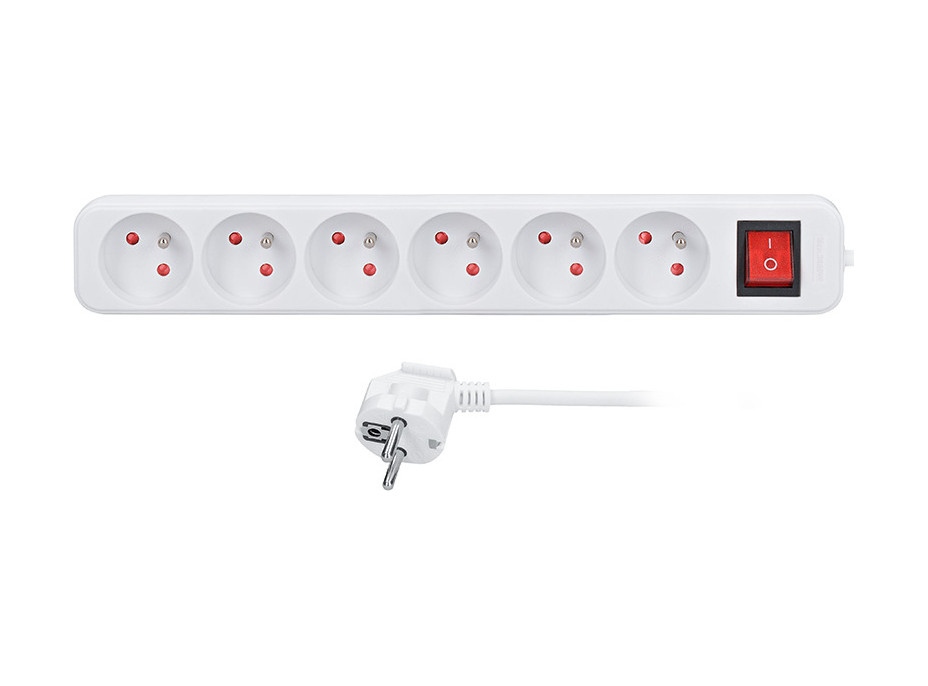 Solight prodlužovací přívod 3m, 6 zásuvek, vypínač, 16A/3680W, PVC, bílý