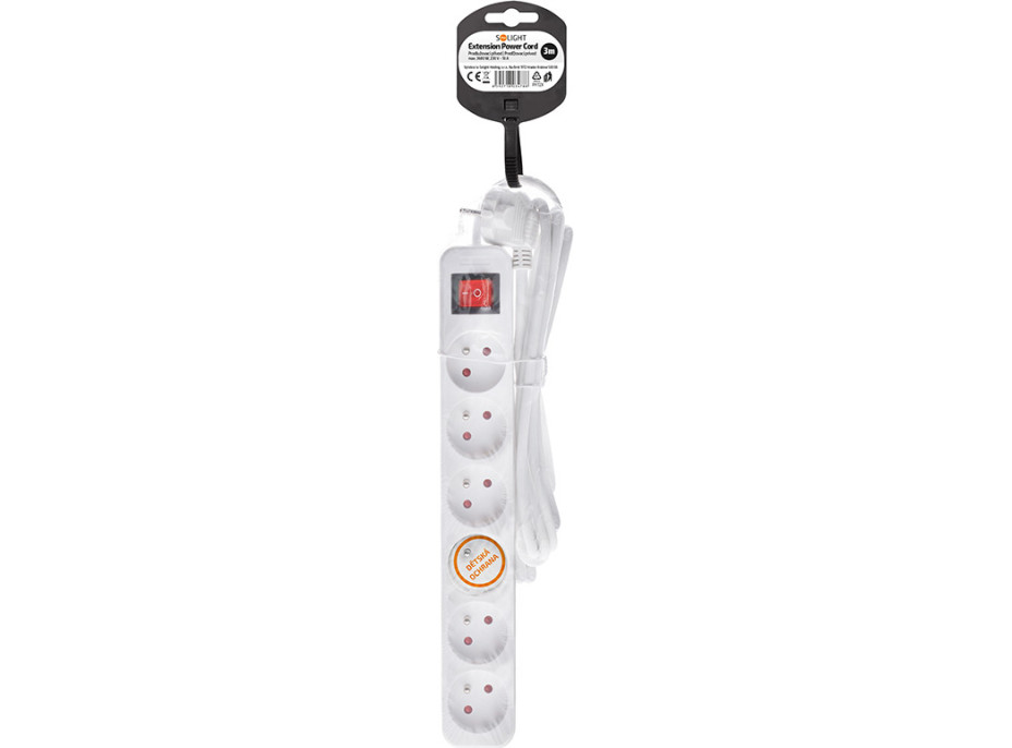 Solight prodlužovací přívod 3m, 6 zásuvek, vypínač, 16A/3680W, PVC, bílý