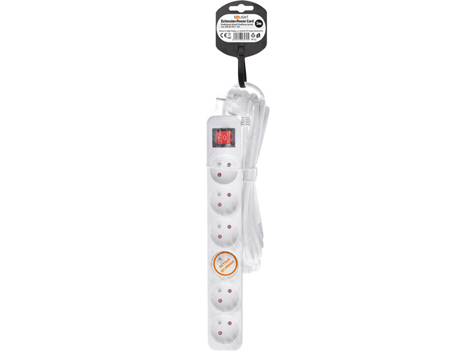 Solight prodlužovací přívod 5m, 6 zásuvek, vypínač, 16A/3680W, PVC, bílý