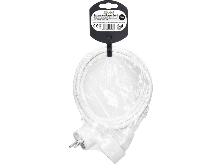 Solight prodlužovací přívod 3m, 1 zásuvka, 16A/3680W, PVC, bílý