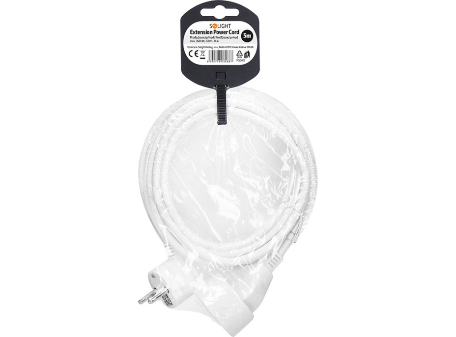 Solight prodlužovací přívod 5m, 1 zásuvka, 16A/3680W, PVC, bílý
