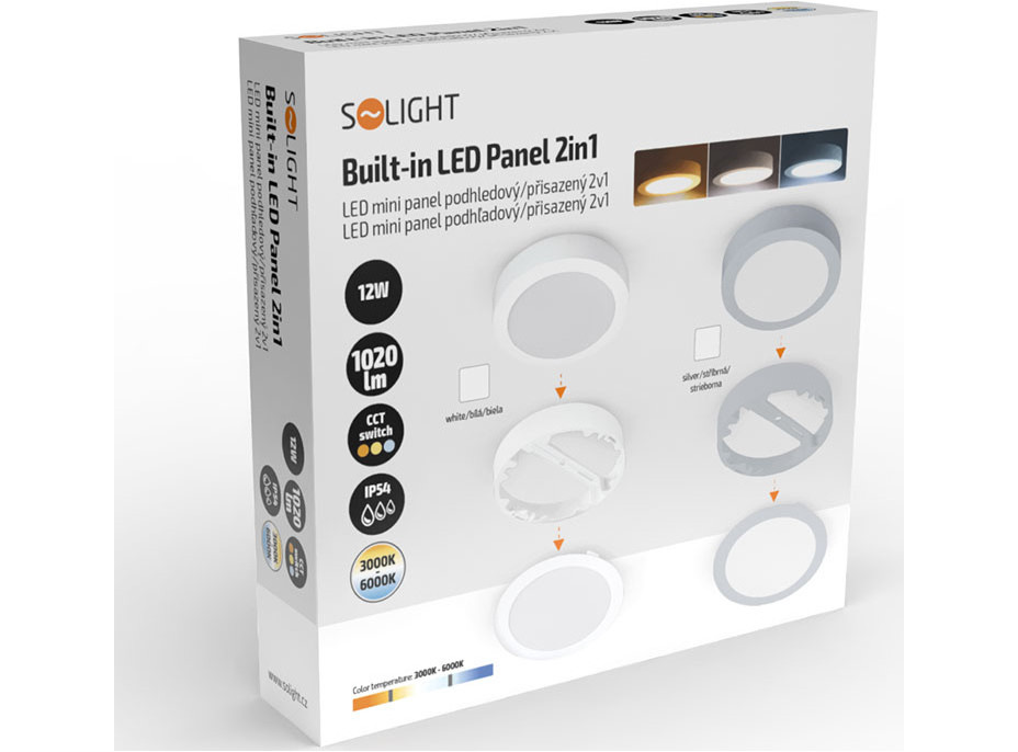 Solight LED mini panel koupelnový 2v1, 3CCT, podhledový/přisazený, 12W, 1020lm, IP54, bílá, kulatý