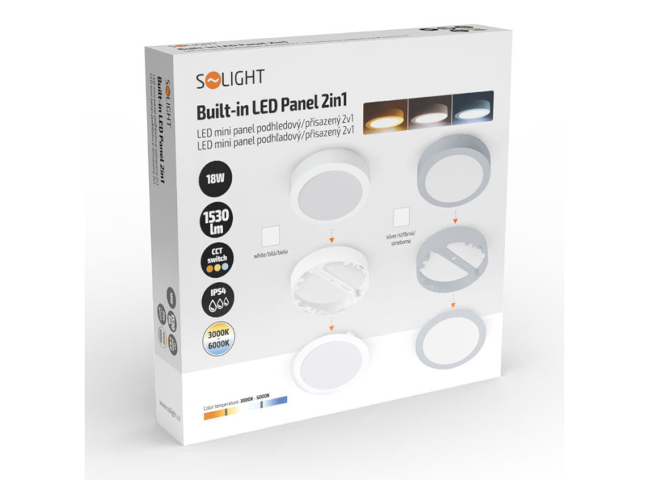 Solight LED mini panel koupelnový 2v1, 3CCT, podhledový/přisazený, 18W, 1530lm, IP54, stříbrná, kulatý