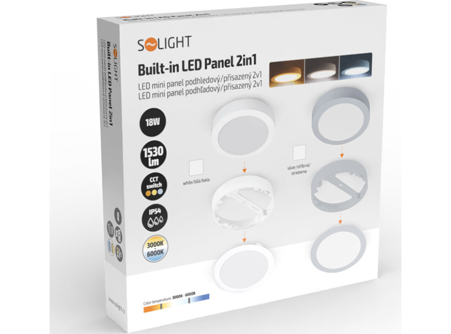 Solight LED mini panel koupelnový 2v1, 3CCT, podhledový/přisazený, 18W, 1530lm, IP54, bílá, kulatý