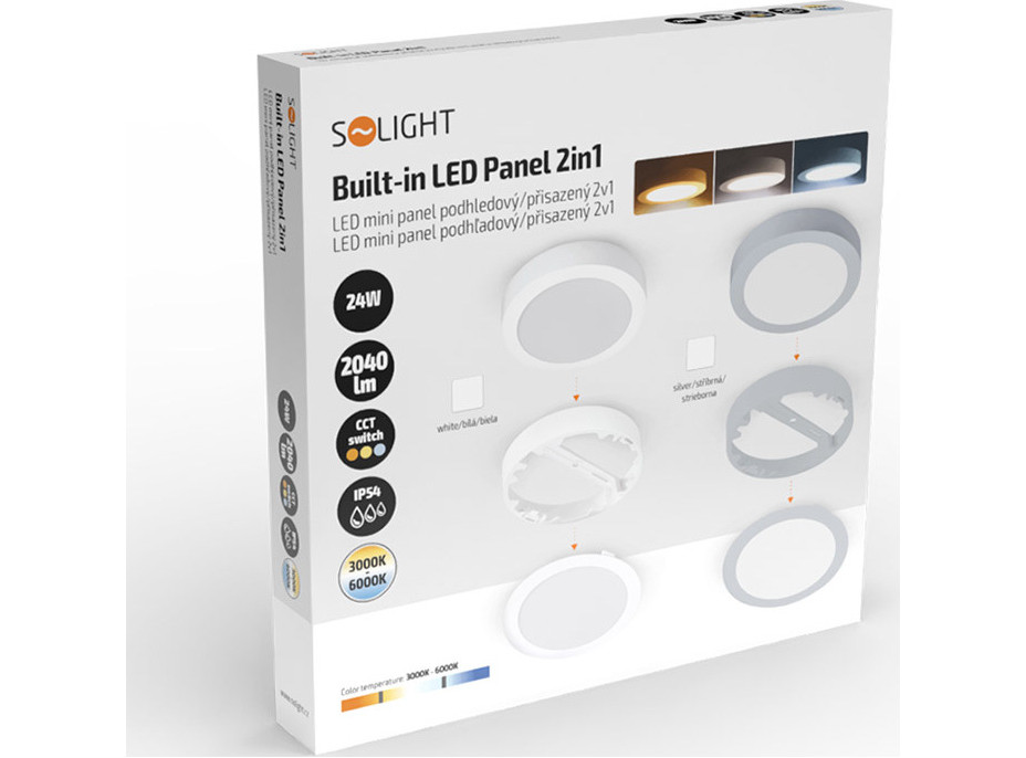 Solight LED mini panel koupelnový 2v1, 3CCT, podhledový/přisazený, 24W, 2040lm, IP54, stříbrná, kulatý