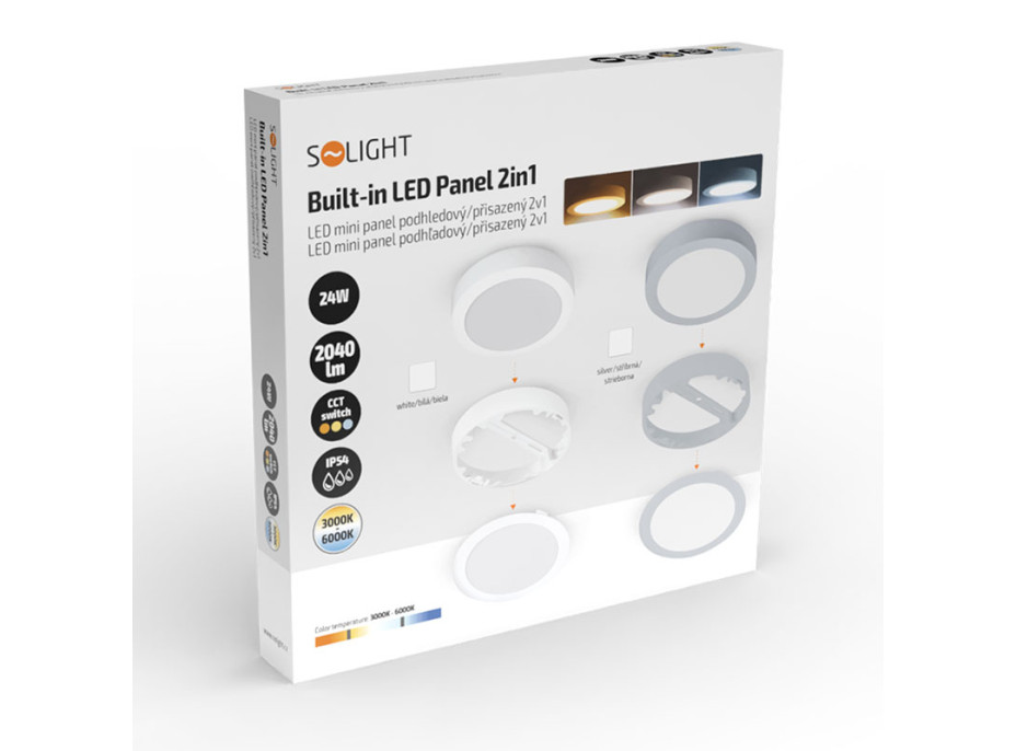 Solight LED mini panel koupelnový 2v1, 3CCT, podhledový/přisazený, 24W, 2040lm, IP54, bílá, kulatý
