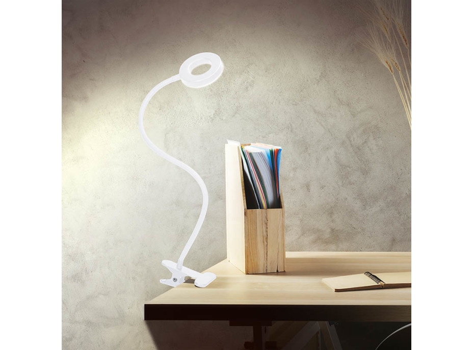 Solight LED stmívatelná stolní lampička s klipem bílá, 300lm, nastavitelná teplota světla, USB