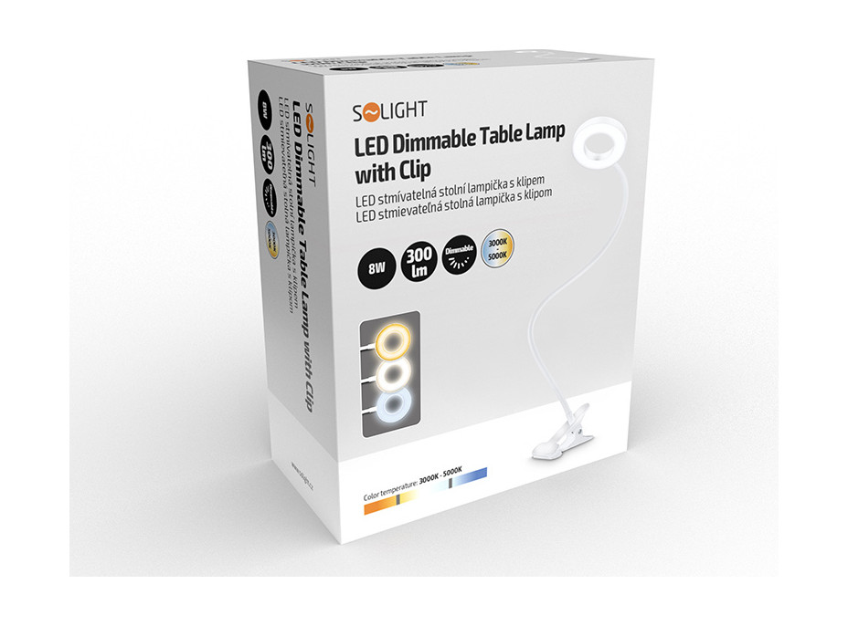Solight LED stmívatelná stolní lampička s klipem bílá, 300lm, nastavitelná teplota světla, USB