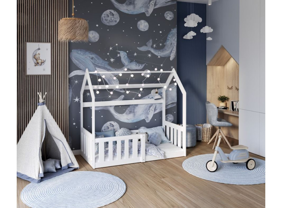 Dětská domečková Montessori postel z masivu borovice GOFFY - 160x80 cm - bílá