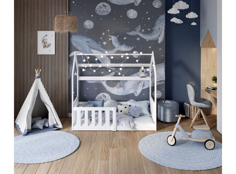 Dětská domečková Montessori postel z masivu borovice GOFFY - 160x80 cm - bílá