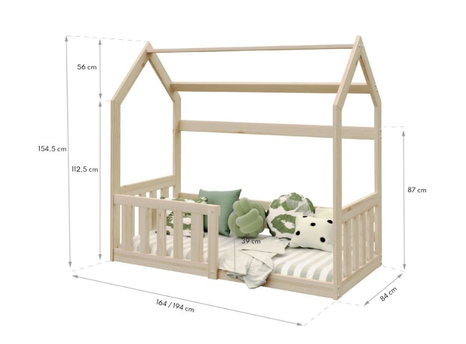 Dětská domečková Montessori postel z masivu borovice GOFFY - 160x80 cm - přírodní borovice