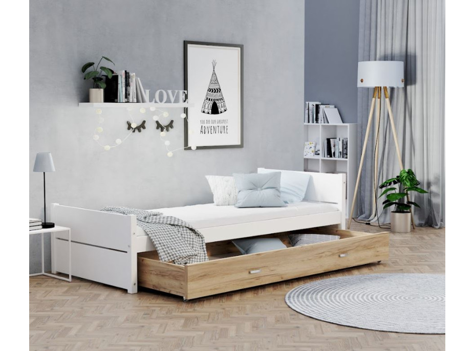 Dětská postel se šuplíkem TYMON - 200x90 cm - bílá/dub craft