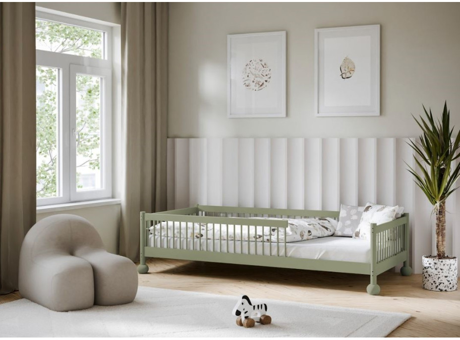 Dětská Montessori postel z masivu borovice STEVE - 200x90 cm - OLIVOVĚ ZELENÁ