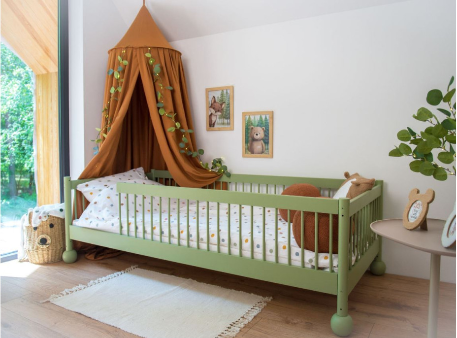 Dětská Montessori postel z masivu borovice STEVE - 180x80 cm - OLIVOVĚ ZELENÁ