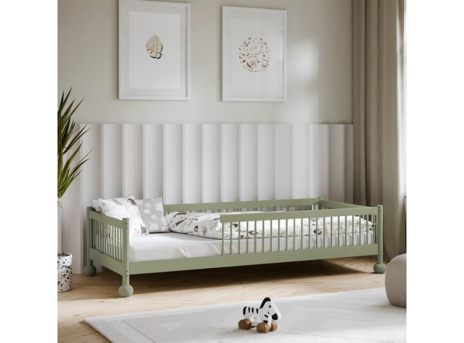 Dětská Montessori postel z masivu borovice STEVE - 180x80 cm - OLIVOVĚ ZELENÁ