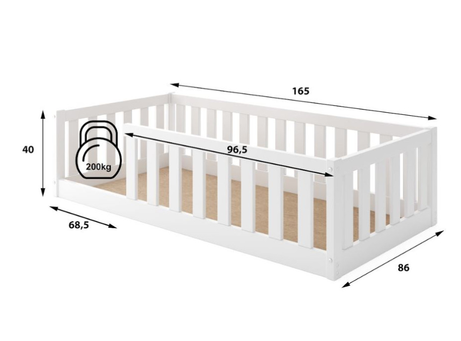 Dětská Montessori postel z masivu borovice BELLA 160x80 cm - bílá