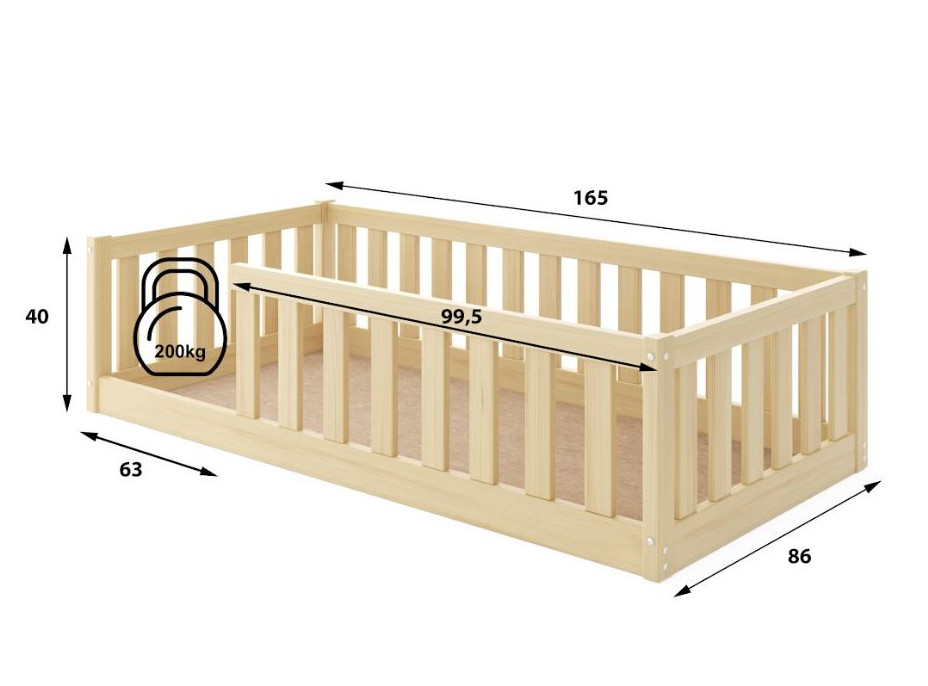 Dětská Montessori postel z masivu borovice BELLA 160x80 cm - bez povrchových úprav
